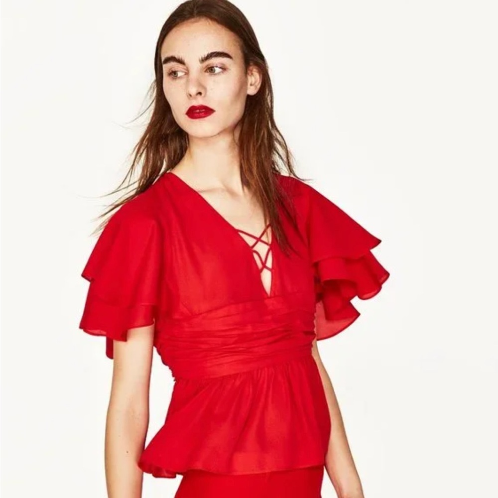 Zara Vibrant Red Layered Sleeve Blouse